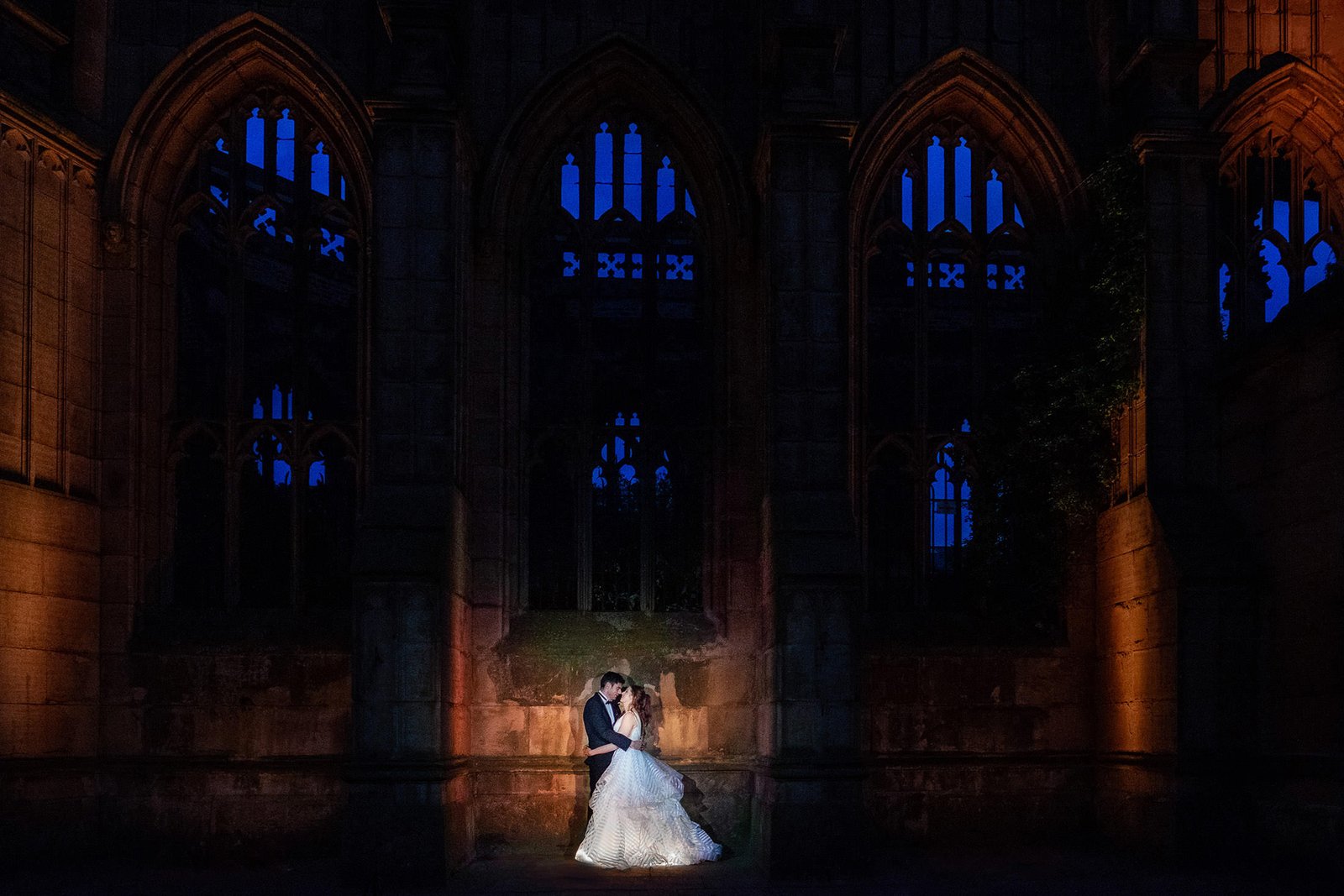 Bride and groom evening portrait at St Luke's Bombed Out Church in Liverpool