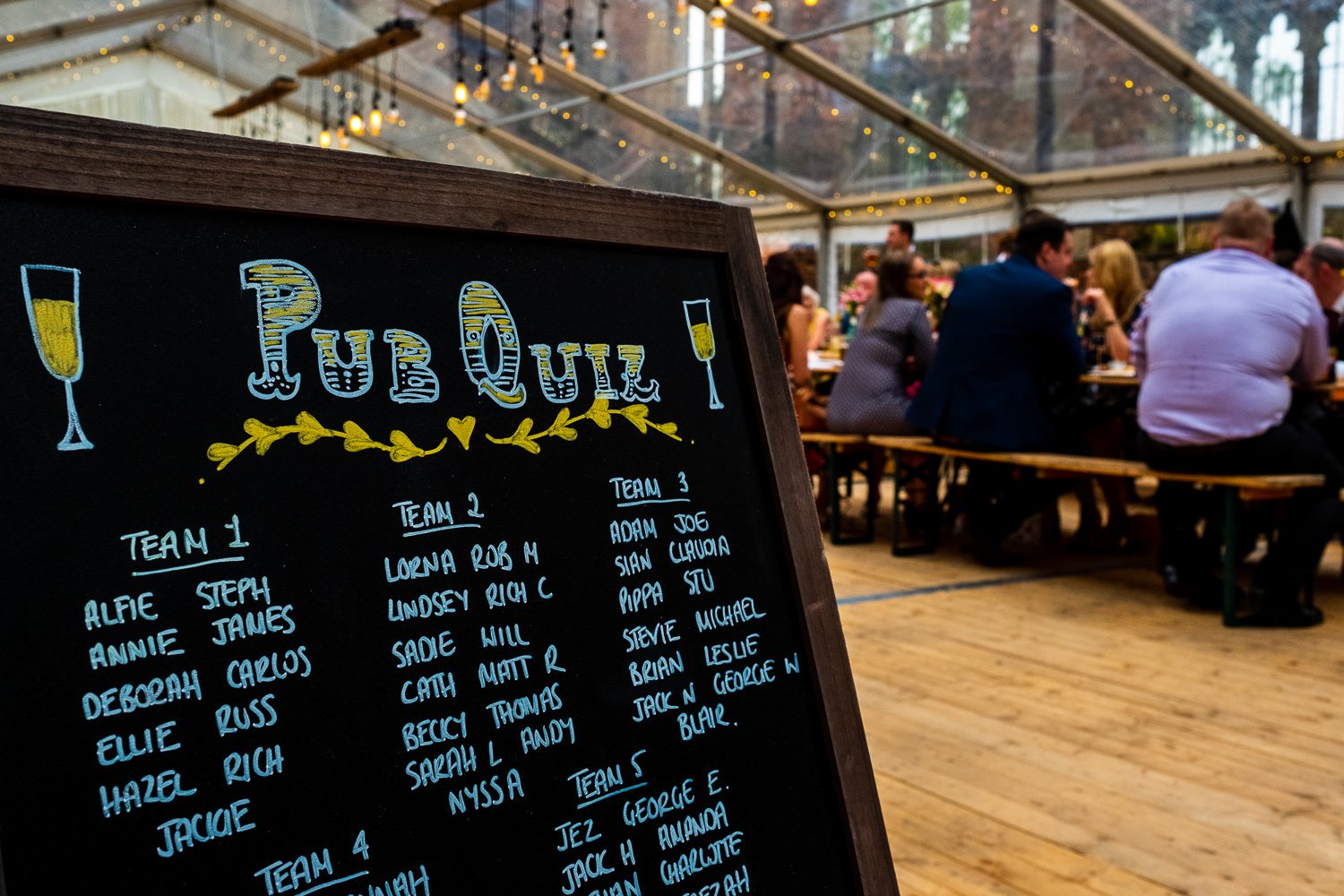 Pub quiz sign at St Luke's Bombed Out Church wedding