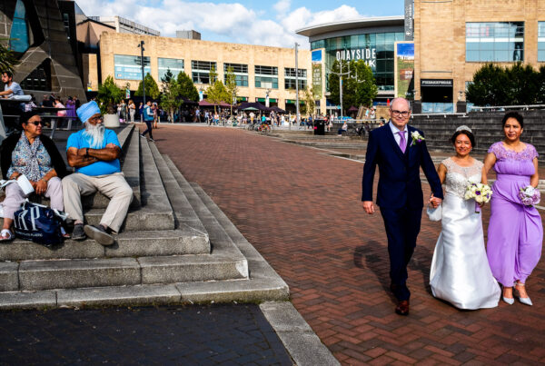 Documentary unposed portrait at Lowry Theatre wedding