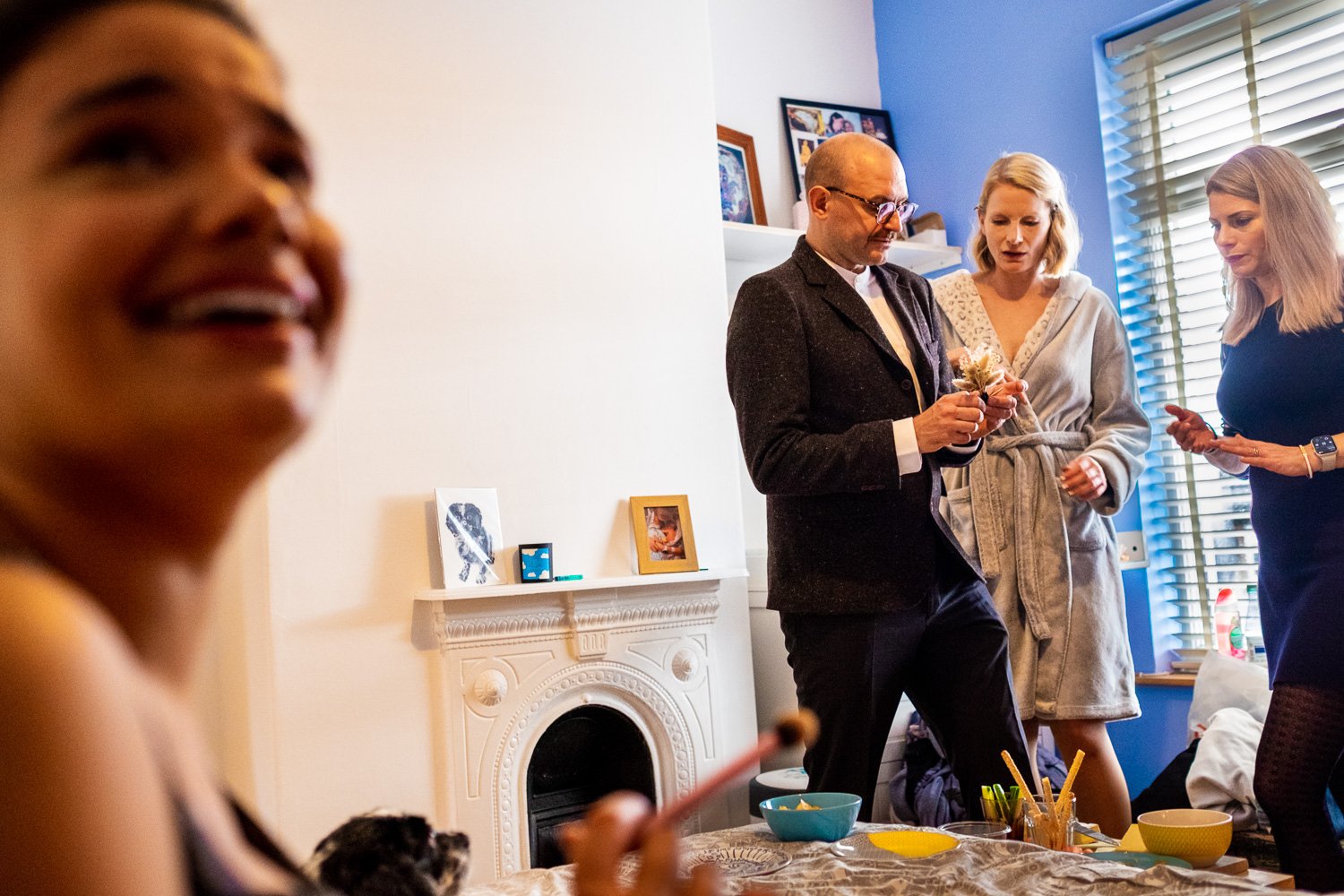 Groom, bride and sisters get ready for the wedding