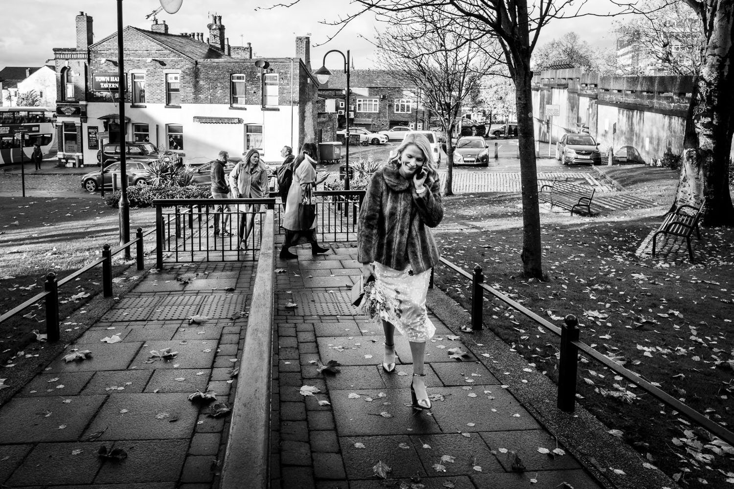 Bride arrives for her wedding at Stockport Town Hall