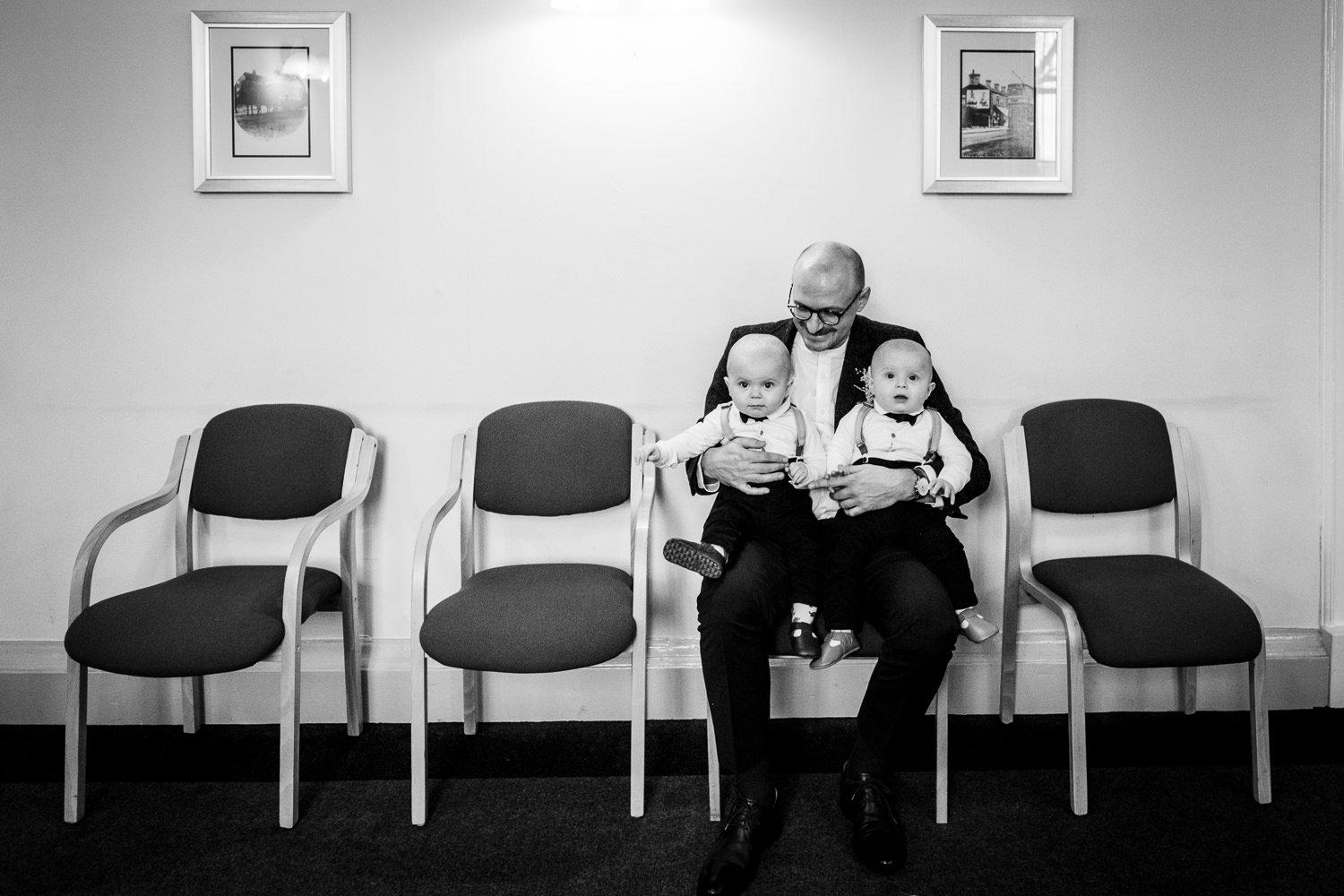 Groom with his twin sons before his marriage at Stockport Town Hall