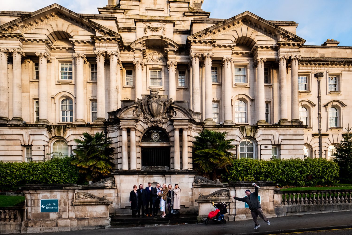 Wedding guests outside Stockport Town Hall