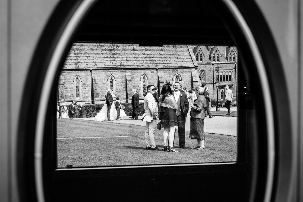 Guests at Rossall School after the wedding ceremony