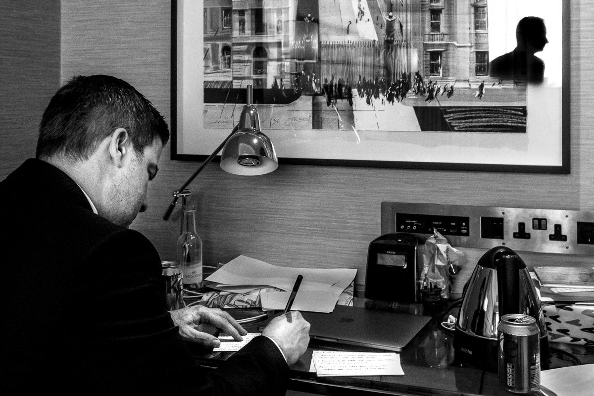 Groom writes his speech at Conrad St James hotel