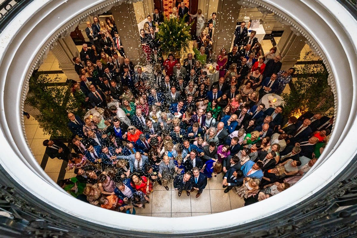 Confetti lands on guests from rotunda at One Great George Street