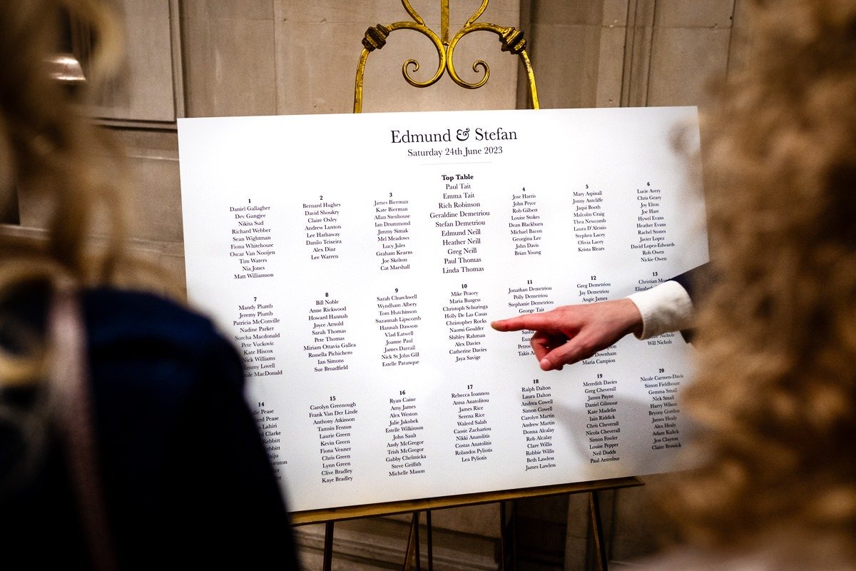 Guest points at table plan for One Great George Street wedding