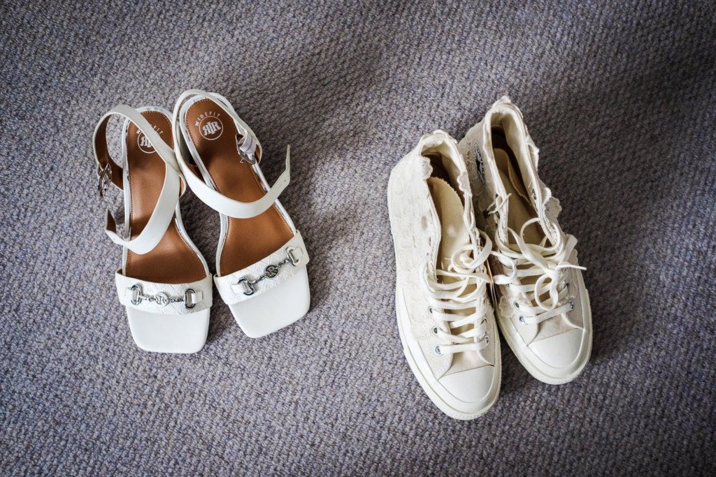 Bride's formal and casual shoes during bridal prep before a Mytton Fold wedding