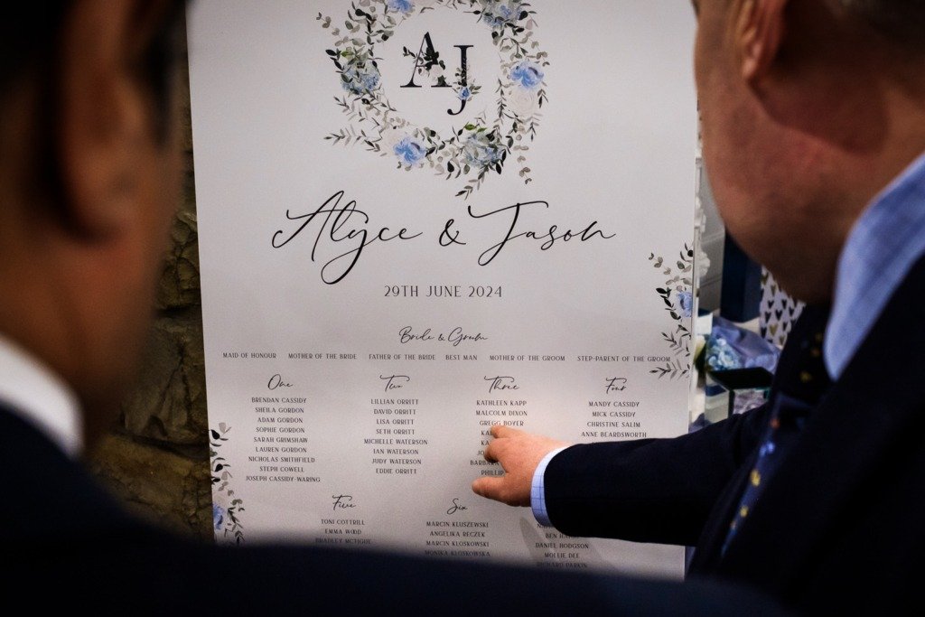 Guests point to a seating plan at a Mytton Fold Hotel wedding in Lancashire